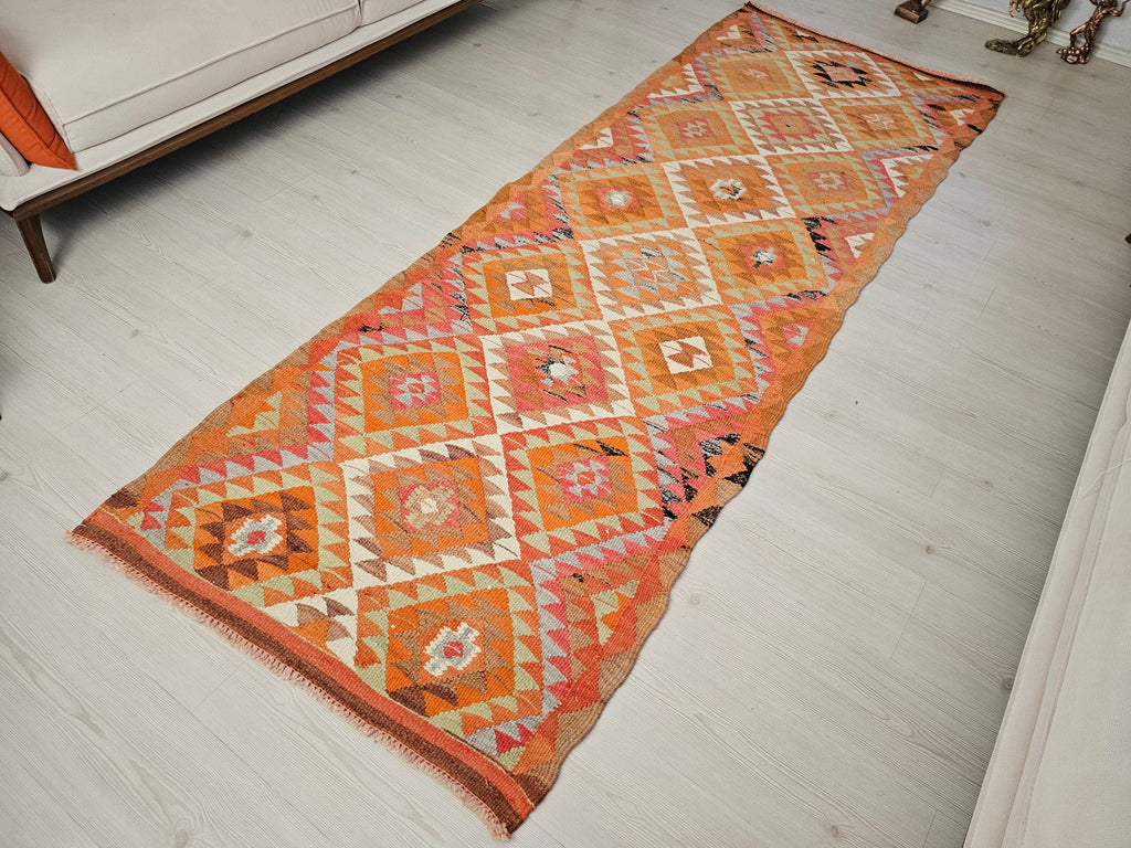 Hand Knotted Wool Turkish Runner: Geometric Coastal Decor (3x9 ft)