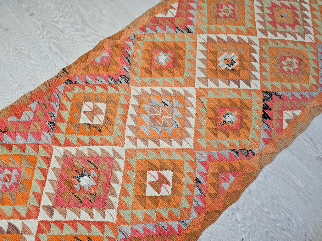 Hand Knotted Wool Turkish Runner: Geometric Coastal Decor (3x9 ft)