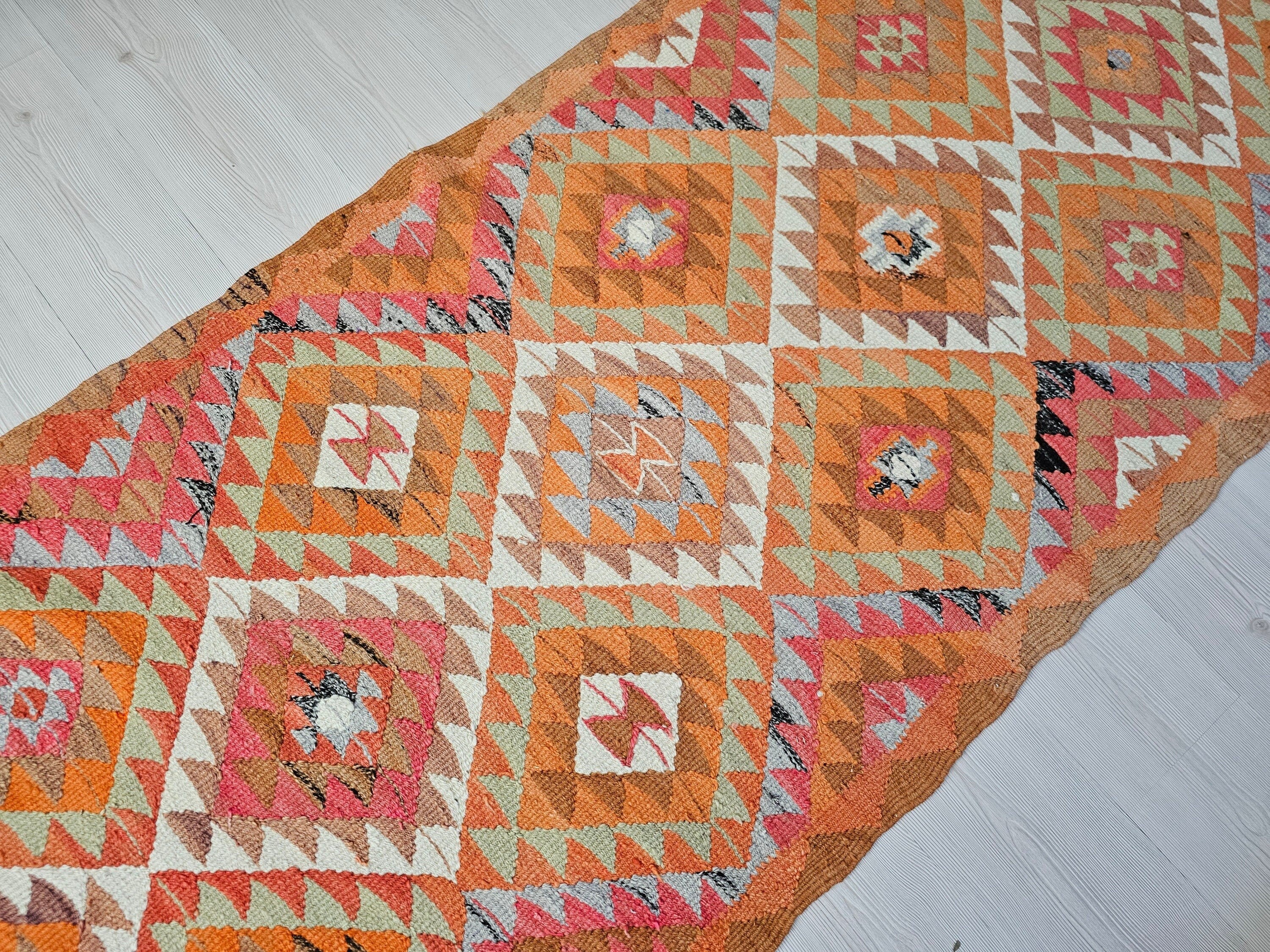 Hand Knotted Wool Turkish Runner: Geometric Coastal Decor (3x9 ft)