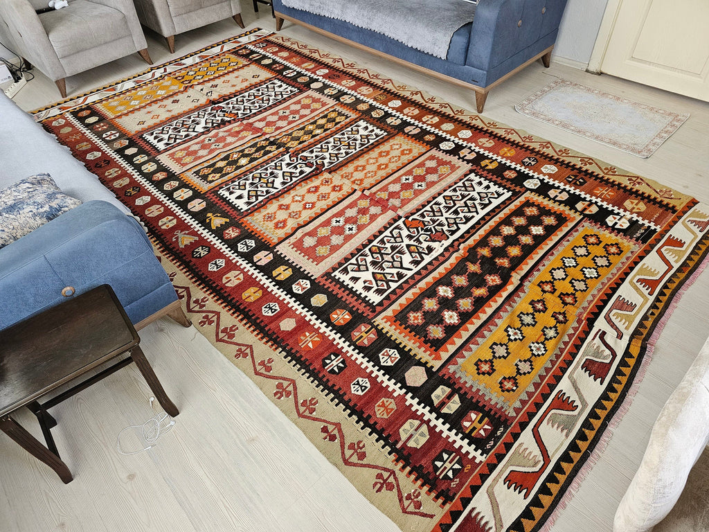 Vintage Turkish Kilim Rug: Handwoven Wool Oushak Rug (7.20x12.50 ft)