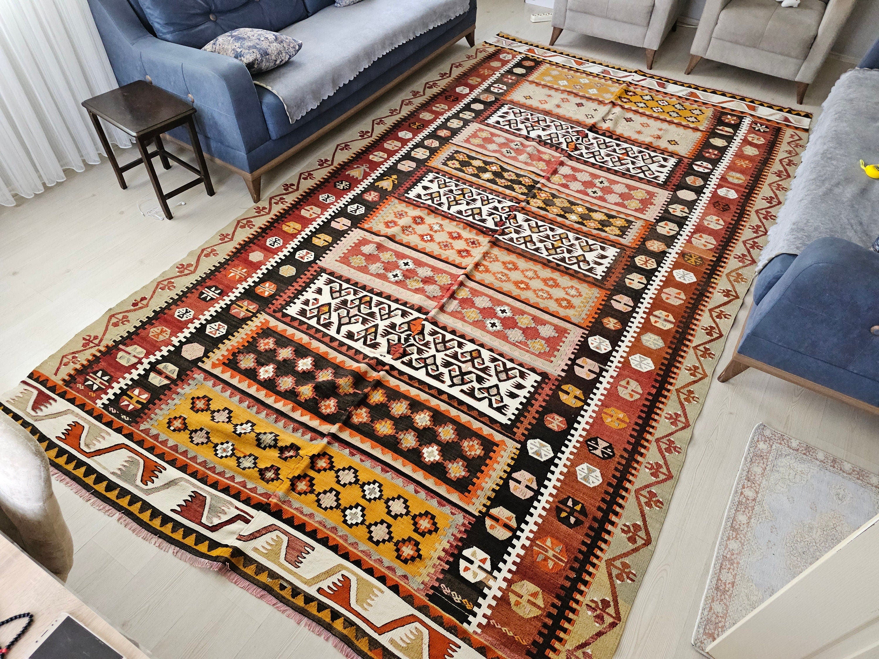 Vintage Turkish Kilim Rug: Handwoven Wool Oushak Rug (7.20x12.50 ft)