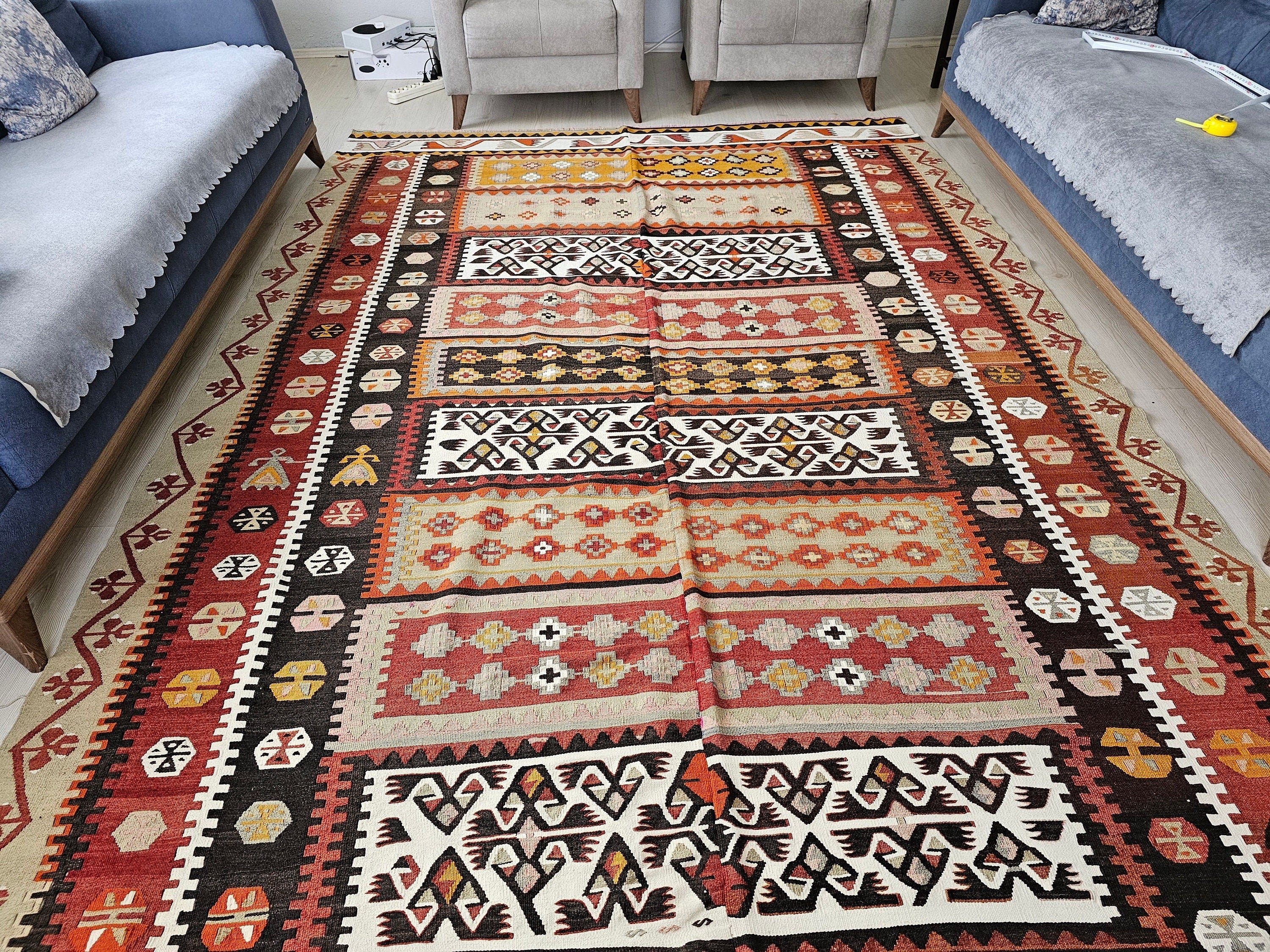 Vintage Turkish Kilim Rug: Handwoven Wool Oushak Rug (7.20x12.50 ft)