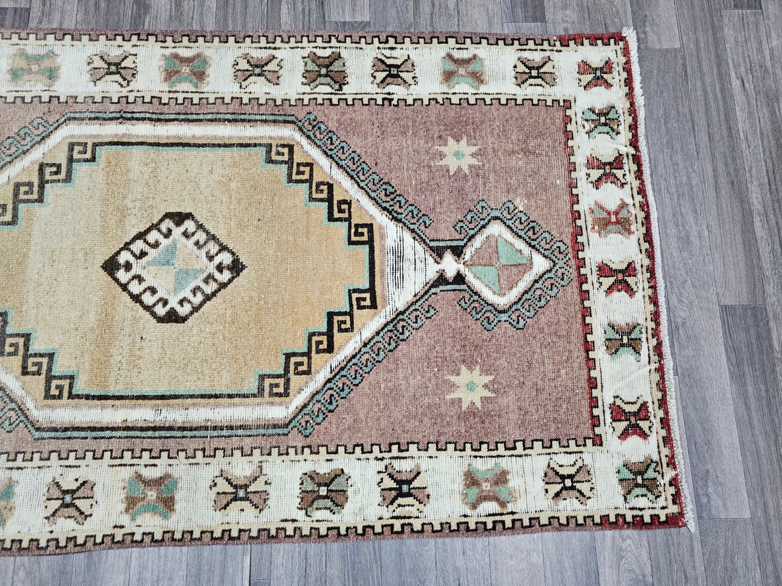 4x14 Vintage Turkish Runner Rug: Handmade Wool Oushak Carpet