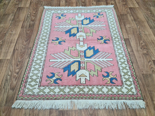 4x4.5 Turkish Rug/ Vintage Hand Knotted Organic Wool Small Rug/ Small Oushak Carpet for Bathroom and Entryway/ Kars Rug/ 3,7x4,6 feet