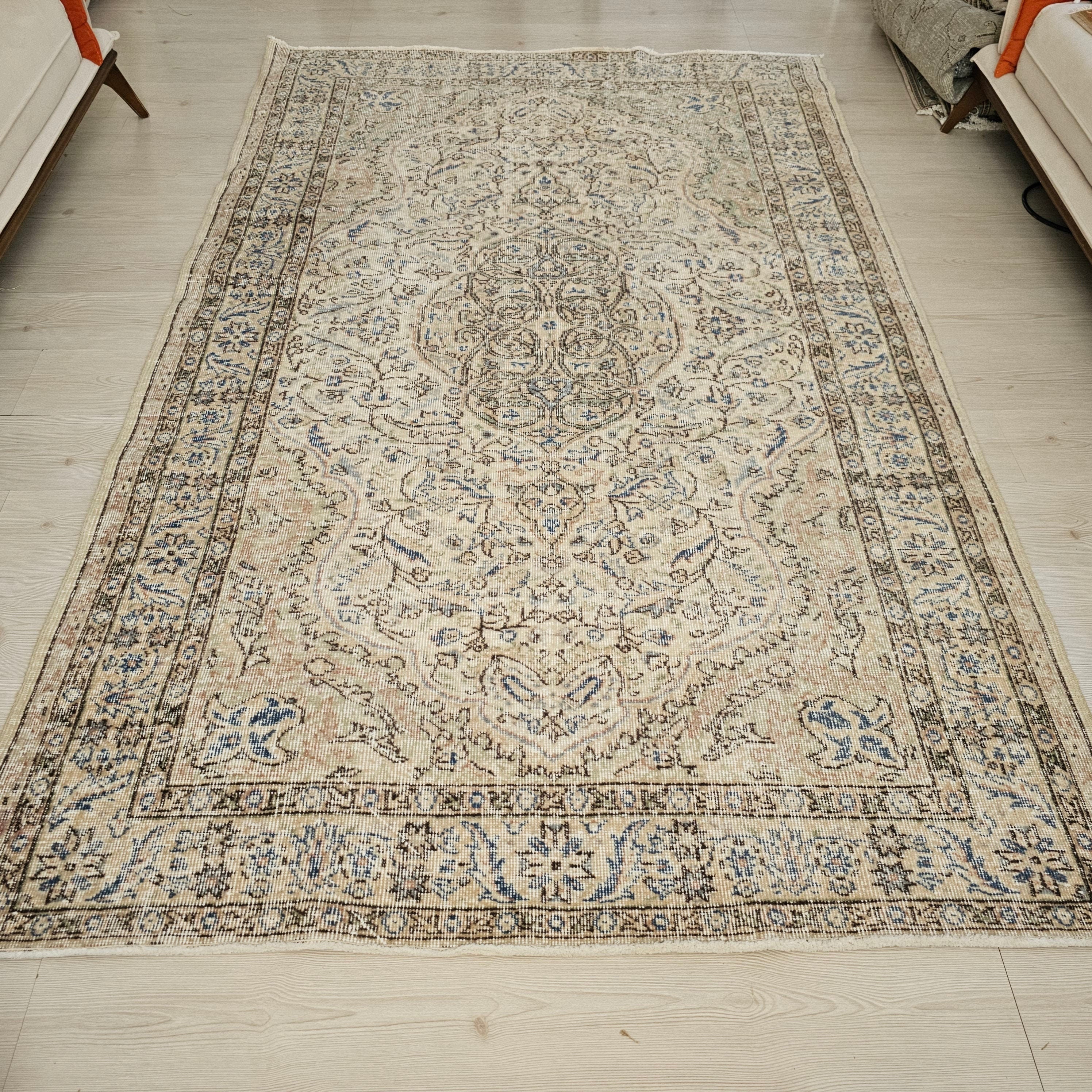 Handmade Wool Turkish Rug 5x8: Vintage Boho Farmhouse Decor