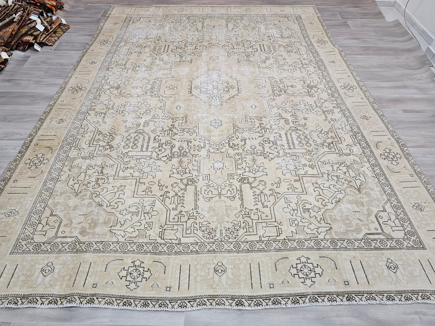 9x12 Vintage Neutral Geometric Wool Rug - Hand Knotted Oushak Rug - Geometric Persian Design Rug - Muted Traditional Rug //9.20x12 feet