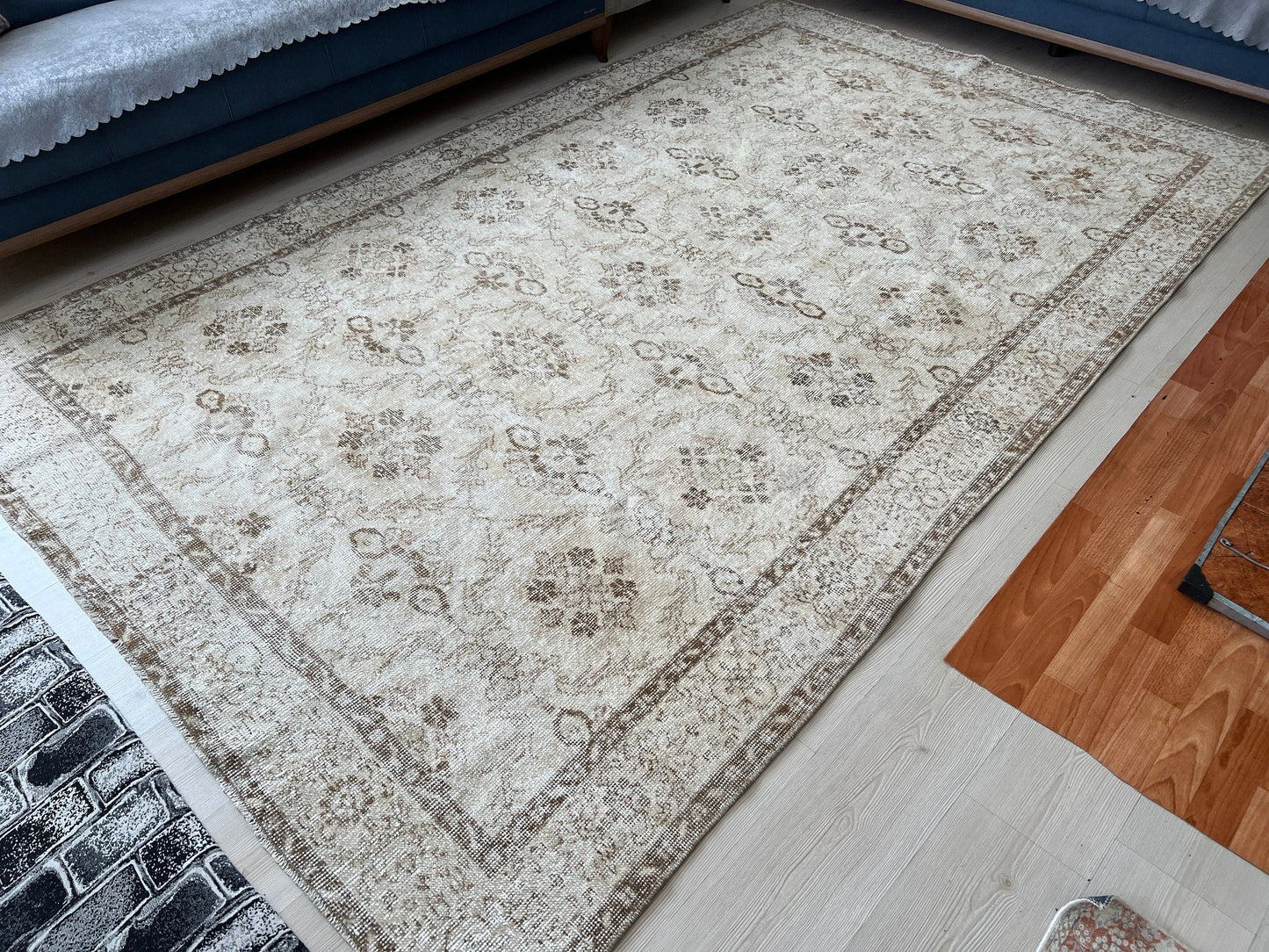 Cream Vintage Turkish Rug // 6.40x10.45 feet // Hand knotted Wool Area Rug - Neutral Area Rug for Master Bedroom - Naturel Rug