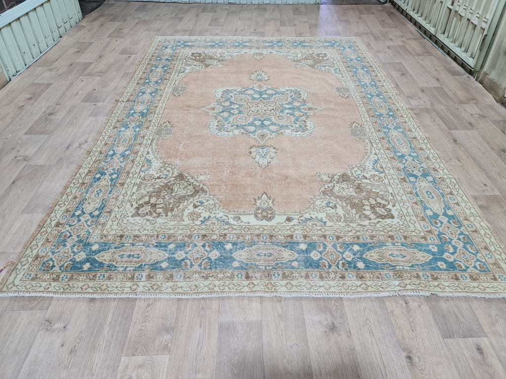 Large Vintage Hand-Knotted Turkish Oushak Wool Rug (7.2 x 10.5 ft)
