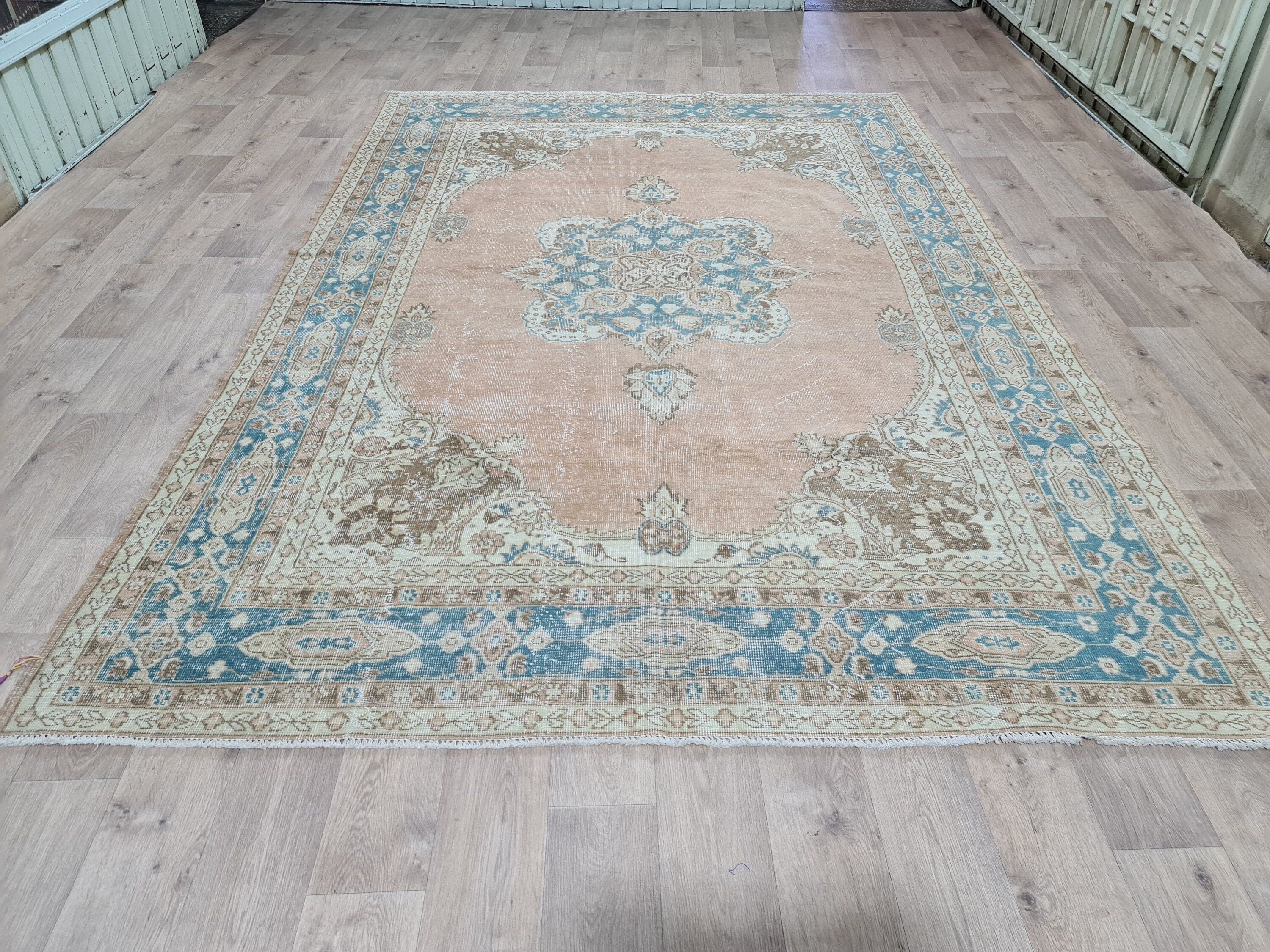 Large Vintage Hand-Knotted Turkish Oushak Wool Rug (7.2 x 10.5 ft)