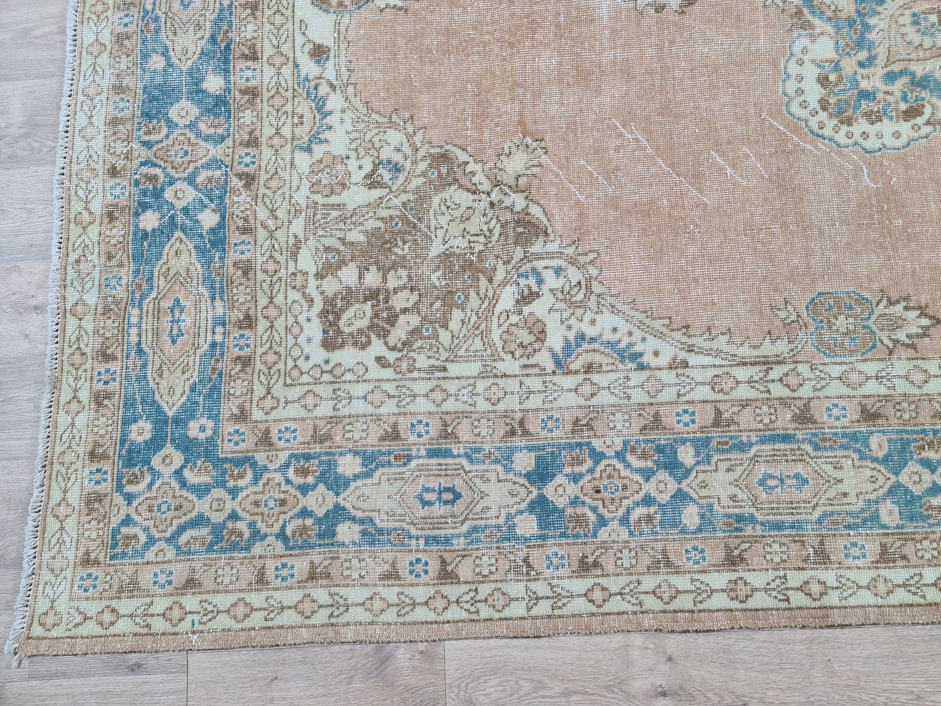 Large Vintage Hand-Knotted Turkish Oushak Wool Rug (7.2 x 10.5 ft)