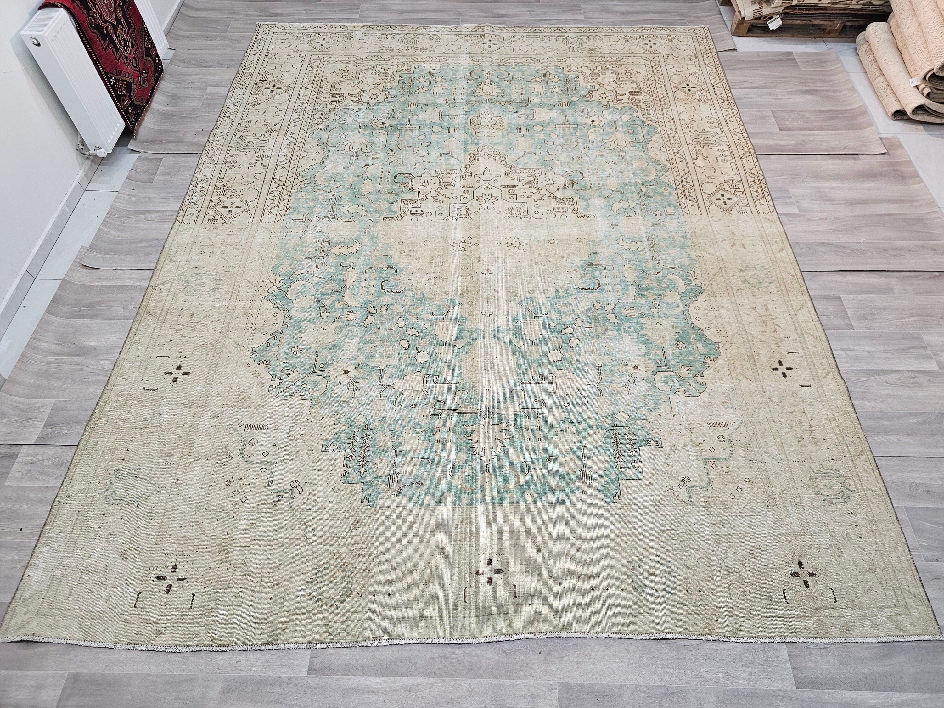 Large Vintage Oushak Rug: 10x12 Beige and Sage Green Wool Area Rug