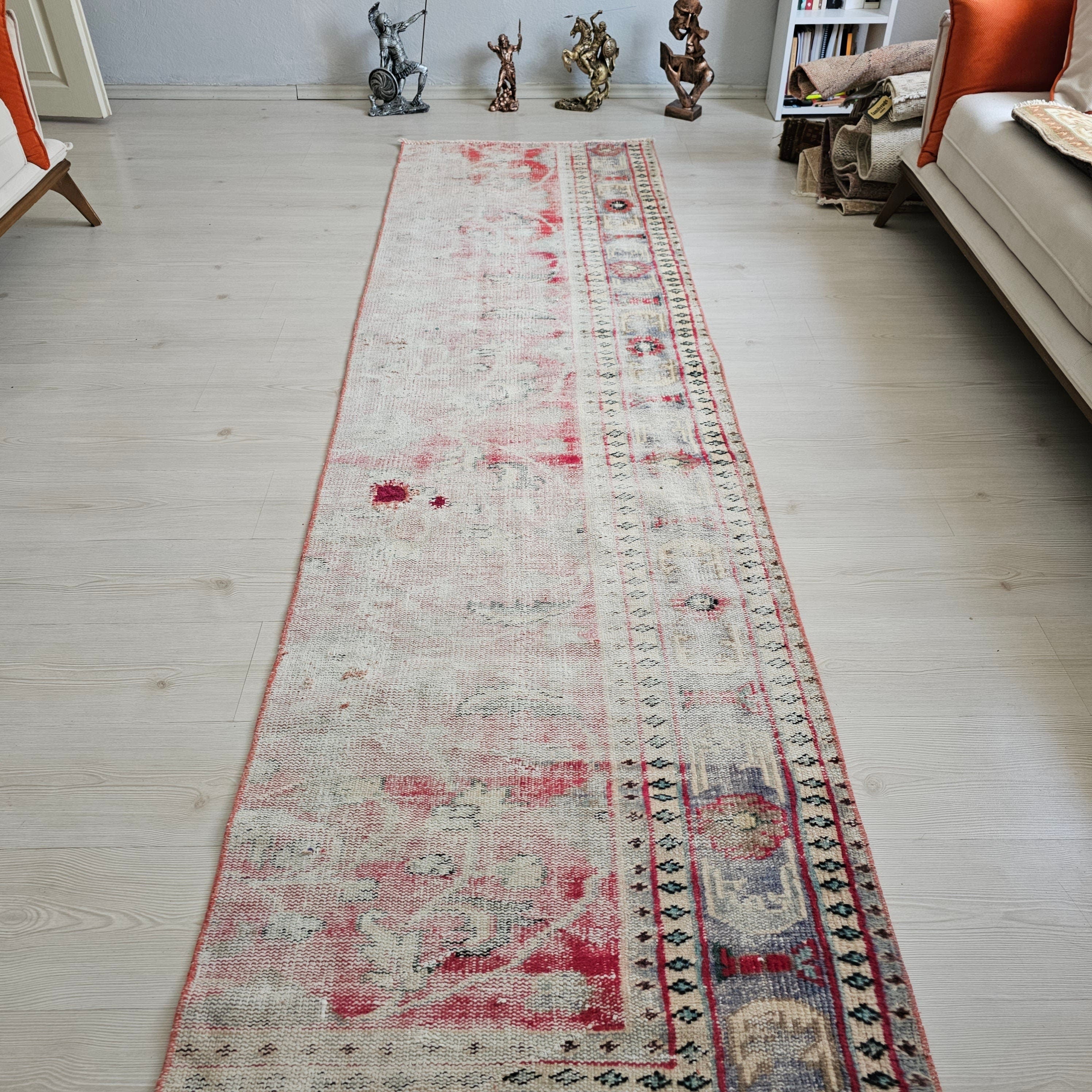Vintage Turkish Oushak Runner Rug: 2.6x10 ft, Narrow Floral Wool Rug