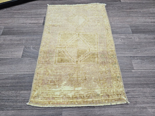 21x33 Inches Neutral Vintage Door Mat - Hand Knotted Wool Bath Mat - Unique Mini Turkish Oushak Rug - Handmade Floor Decor