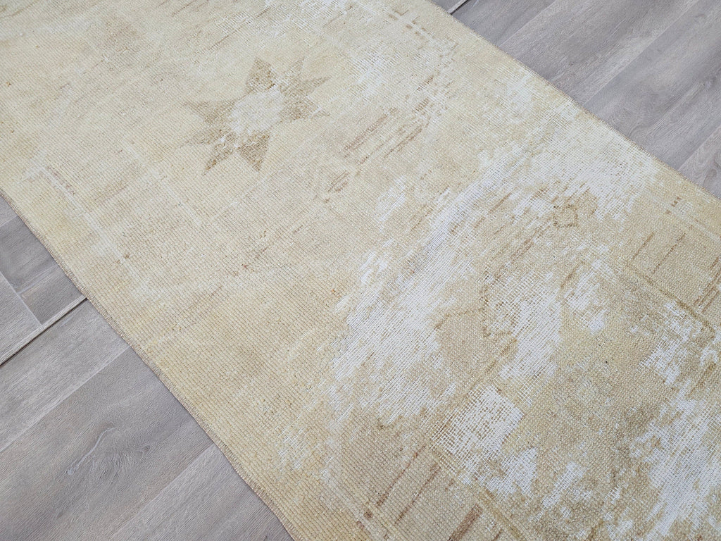 Antique Turkish Oushak Runner Rug: Beige Cream Wool, 3x12 ft