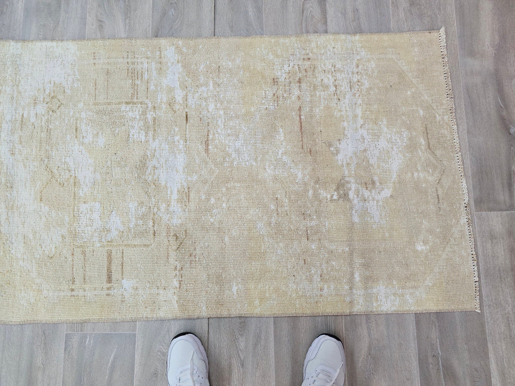 Antique Turkish Oushak Runner Rug: Beige Cream Wool, 3x12 ft