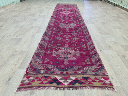 Narrow 3x13 Colorful Runner Rug/ 2.70X13 feet/ Narrow Vintage Turkish Runner/ Hand Knotted Wool Herki Runner/ Tribal Design Anatolian Runner