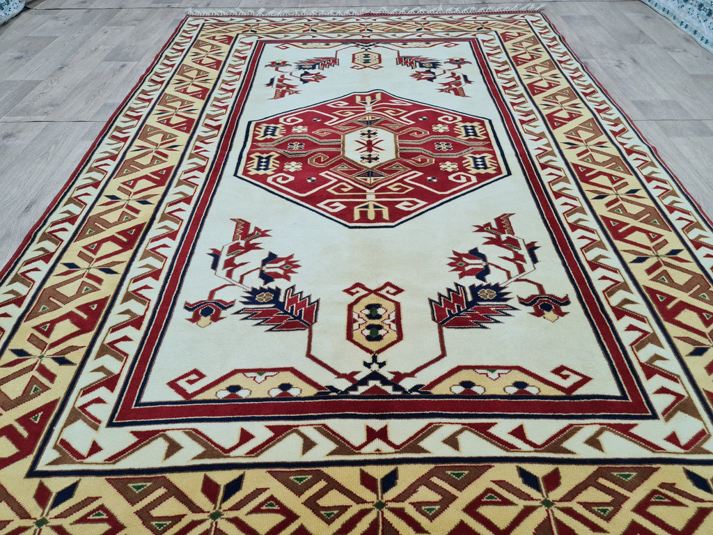 Hand Knotted Wool Rug: 6x9 Vintage Turkish Oushak Geometric Rug