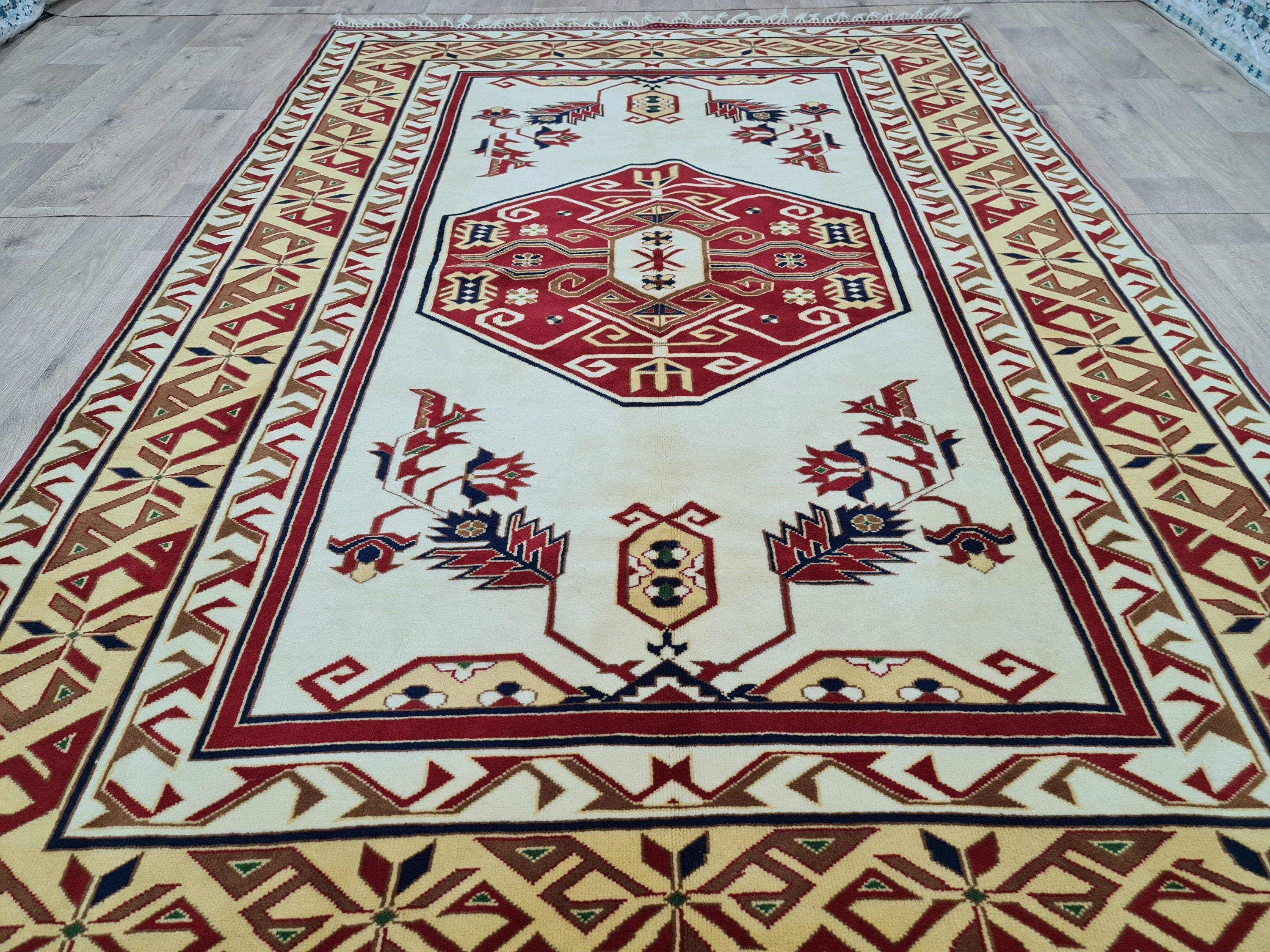 Hand Knotted Wool Rug: 6x9 Vintage Turkish Oushak Geometric Rug