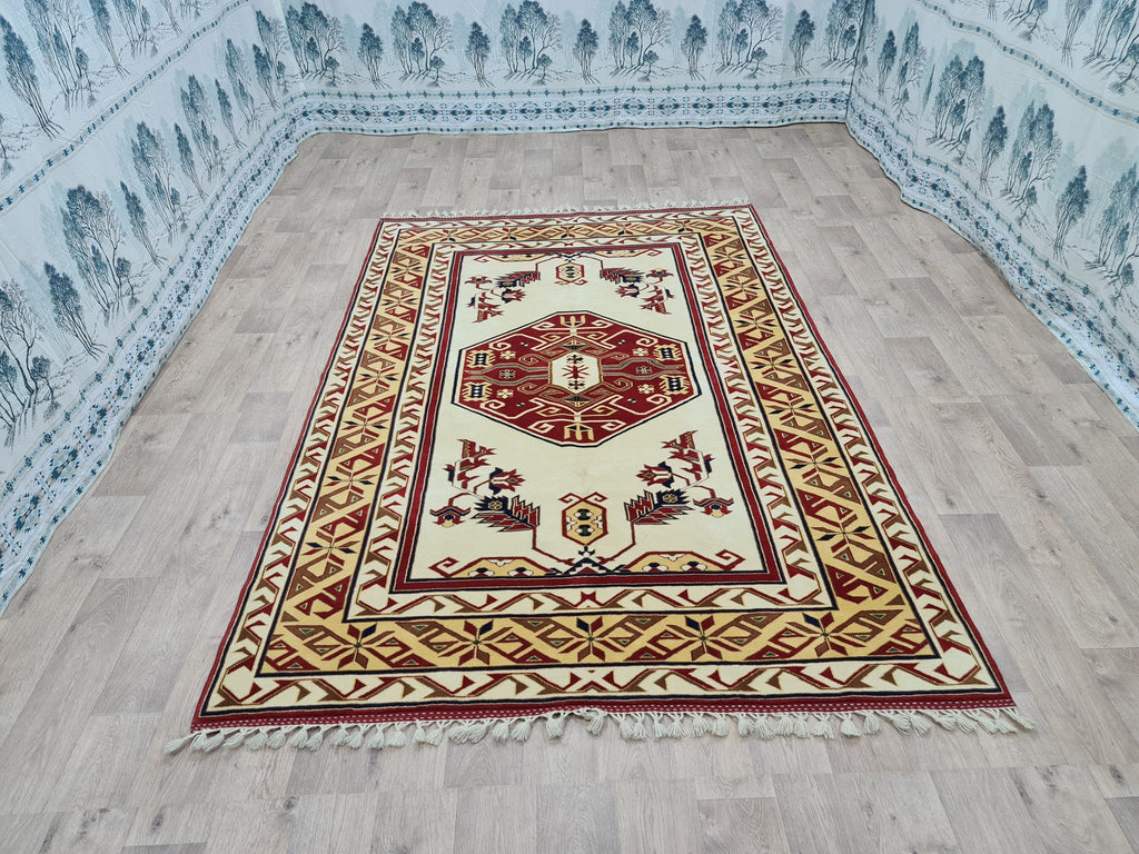 Hand Knotted Wool Rug: 6x9 Vintage Turkish Oushak Geometric Rug