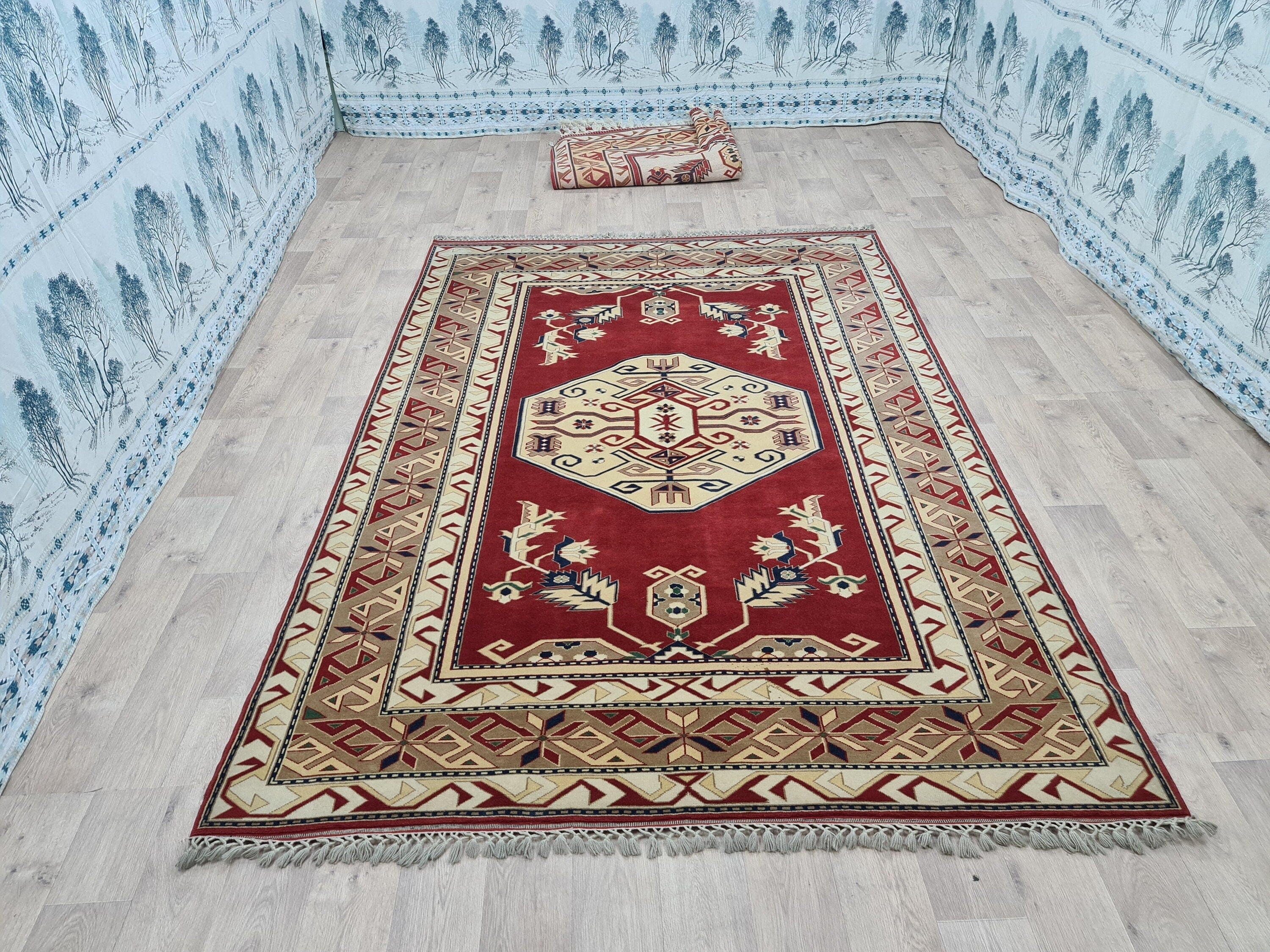 6x9 Red Turkish Rug: Hand-Knotted Wool Vintage Decor