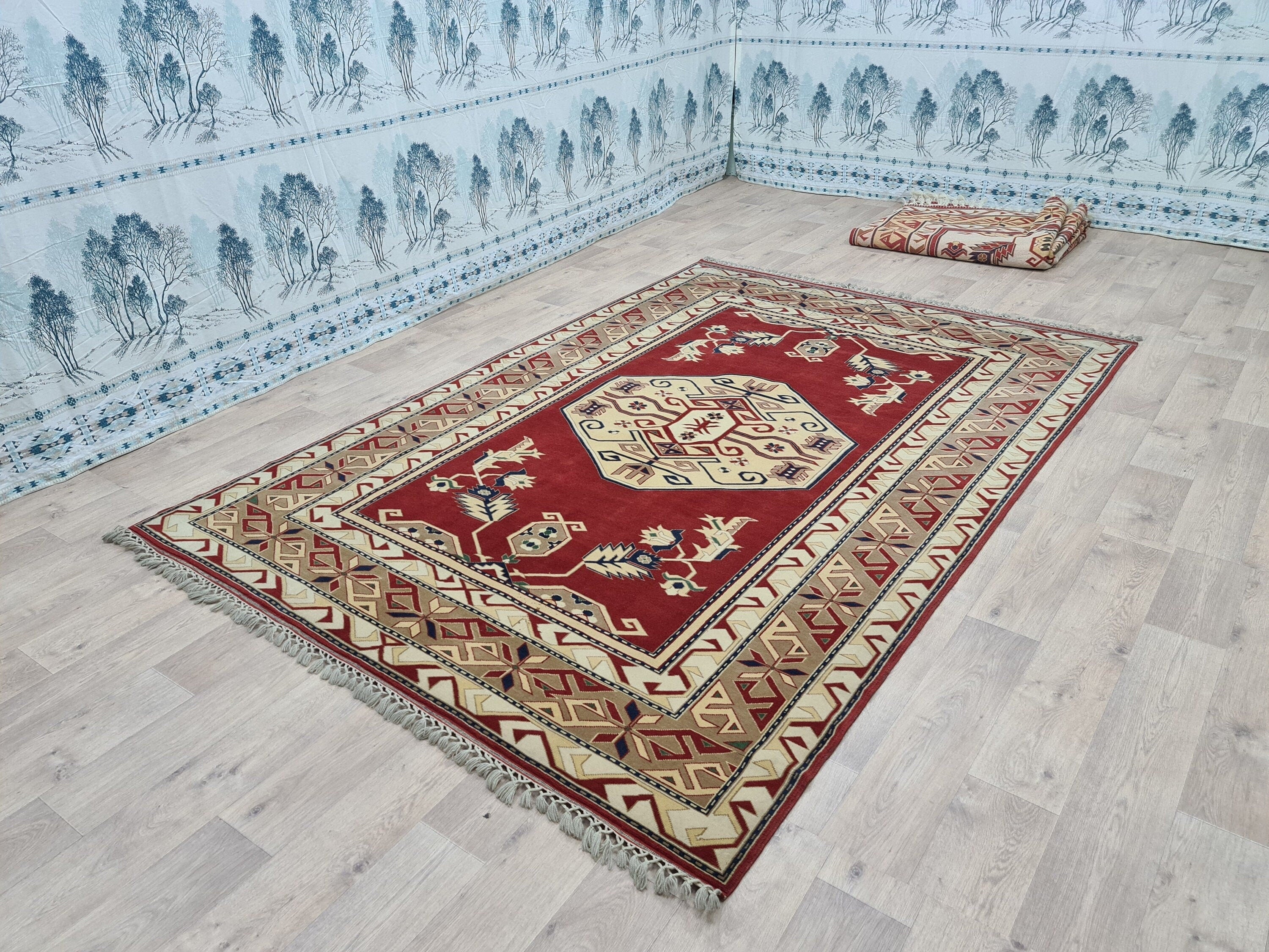 6x9 Red Turkish Rug: Hand-Knotted Wool Vintage Decor