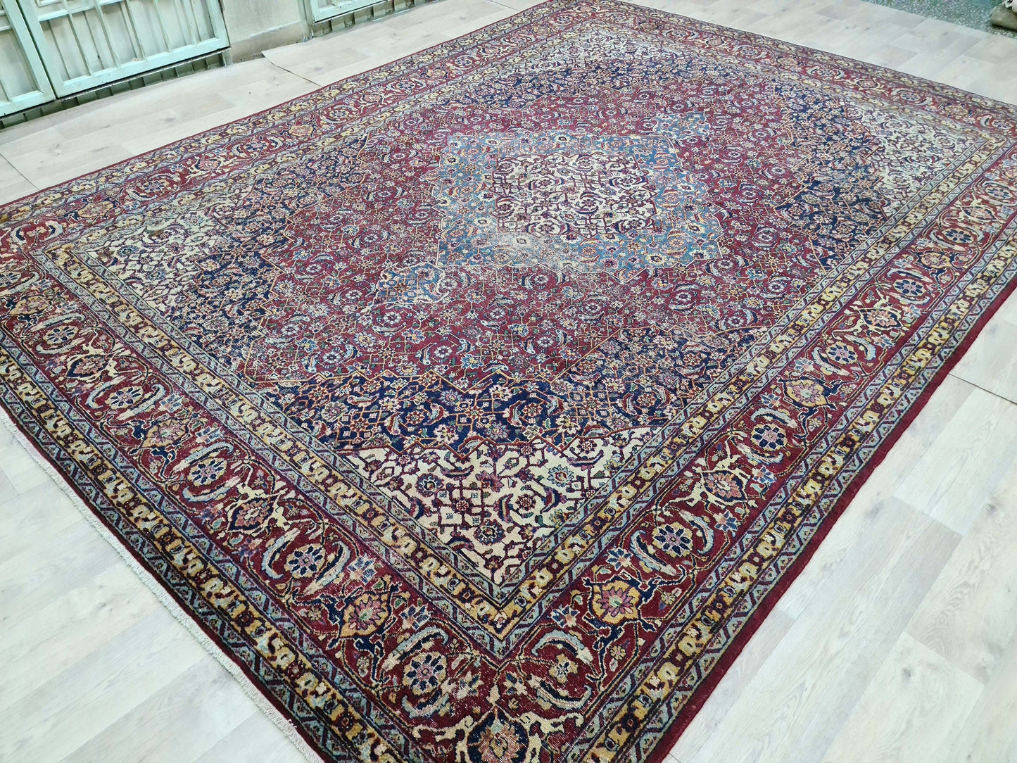 Antique Turkish Keshan Rug - HandKnotted Wool Vegetable Dyed Carpet /9,5x 12,8 feet