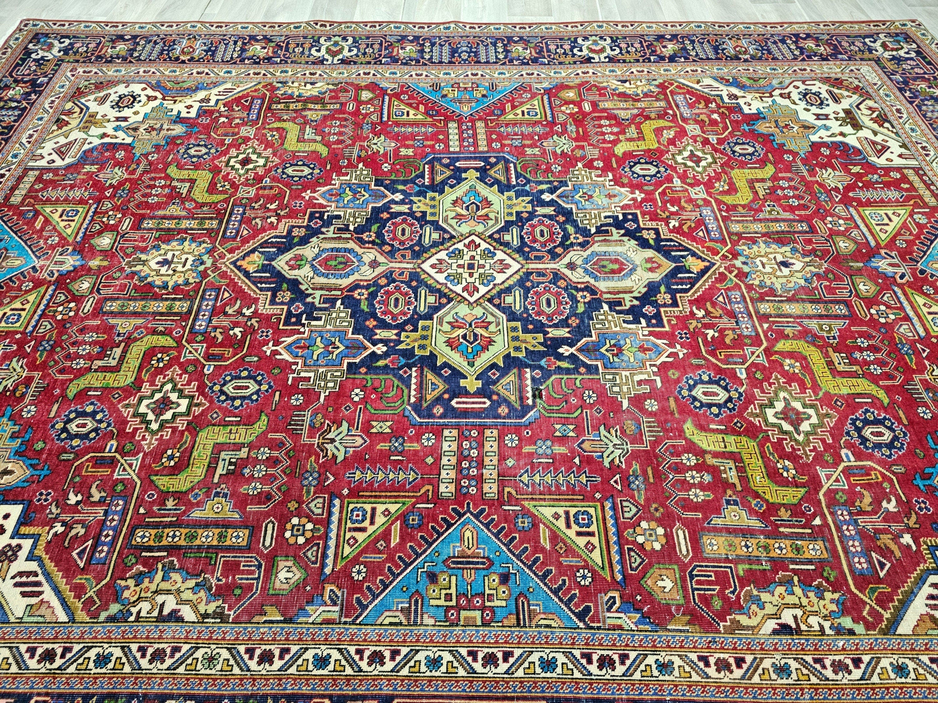 Hand Knotted Heriz Rug: Oversize Vintage Wool Red Cream Blue