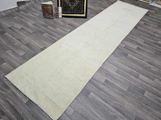 Neutral 3x12 Vintage Turkish Runner for Hallway and Aisle - Hand Knotted Wool Muted Oushak Runner - Faded Cream Runner Rug - Boho Runner Rug