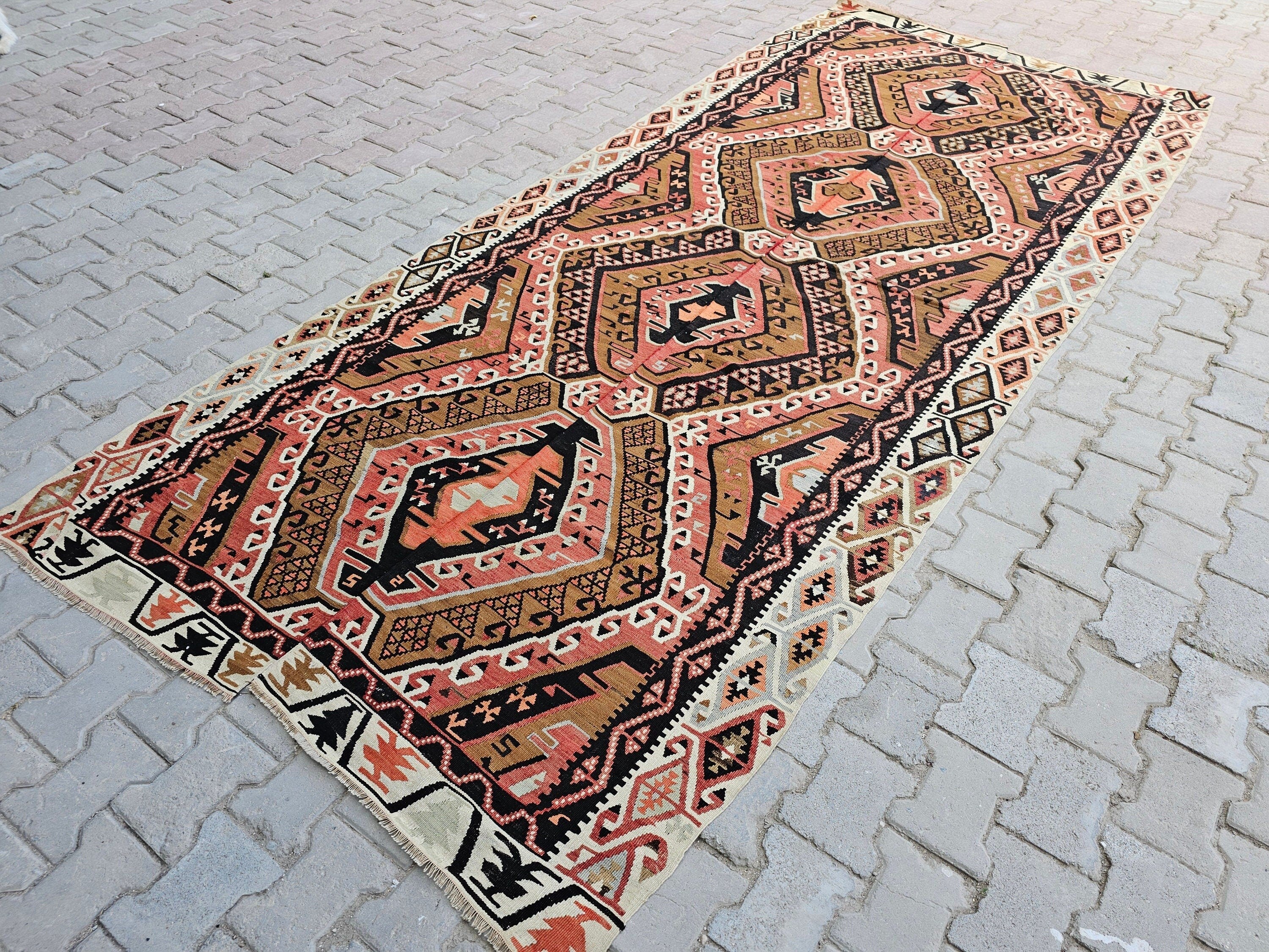 Vintage Turkish Kilim Rug: Hand-Knotted Wool Anatolian Design (5x12 ft)