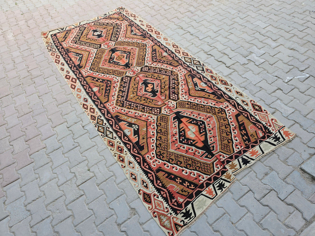 Vintage Turkish Kilim Rug: Hand-Knotted Wool Anatolian Design (5x12 ft)