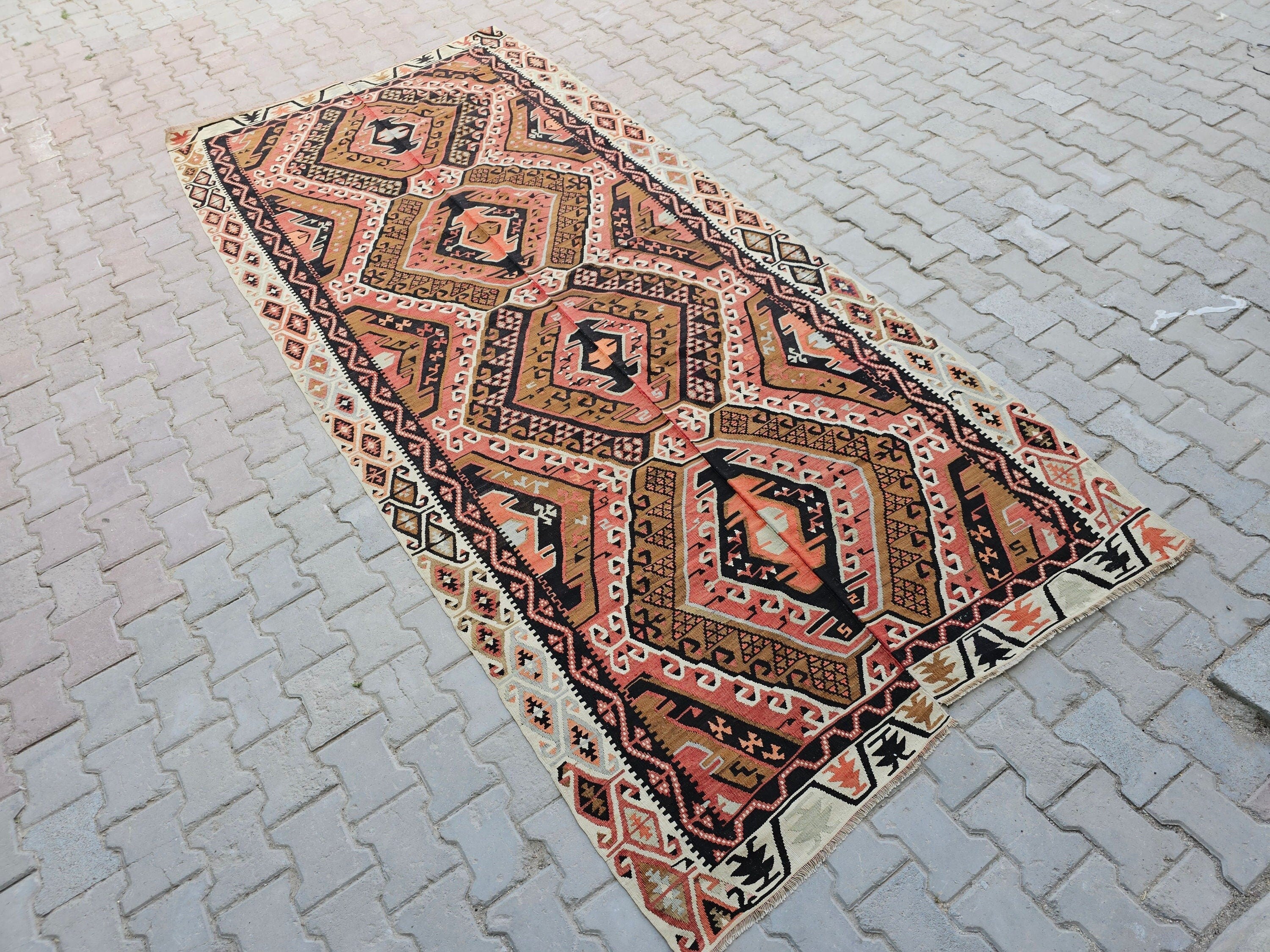 Vintage Turkish Kilim Rug: Hand-Knotted Wool Anatolian Design (5x12 ft)