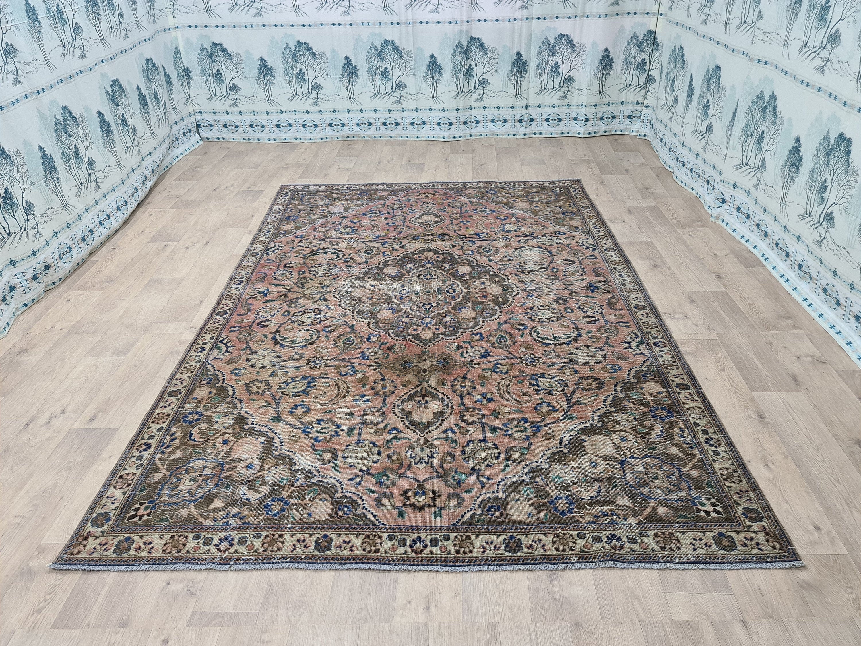 6x9 Vintage Turkish Oushak Rug: Wool Farmhouse Area Rug