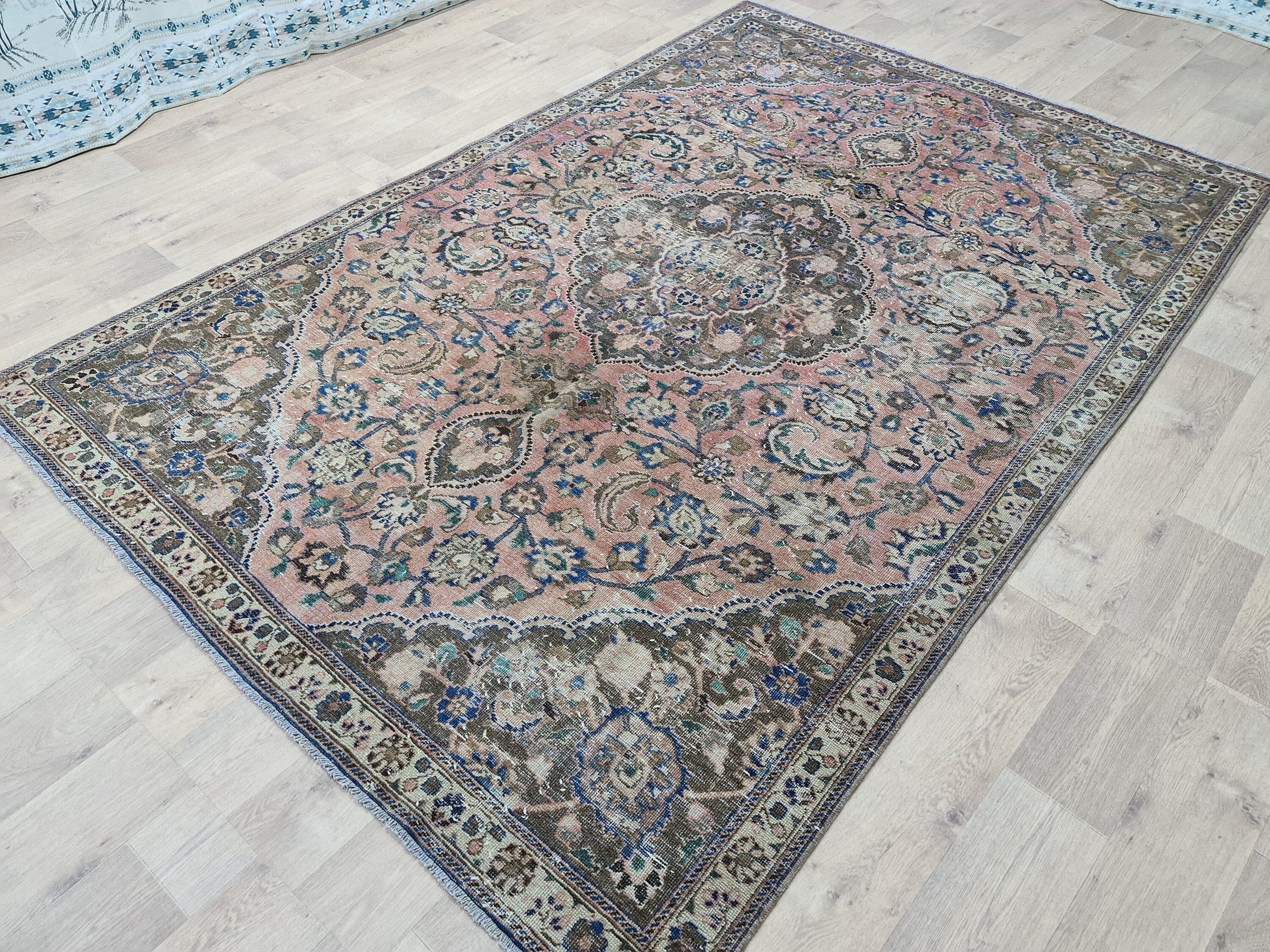 6x9 Vintage Turkish Oushak Rug: Wool Farmhouse Area Rug