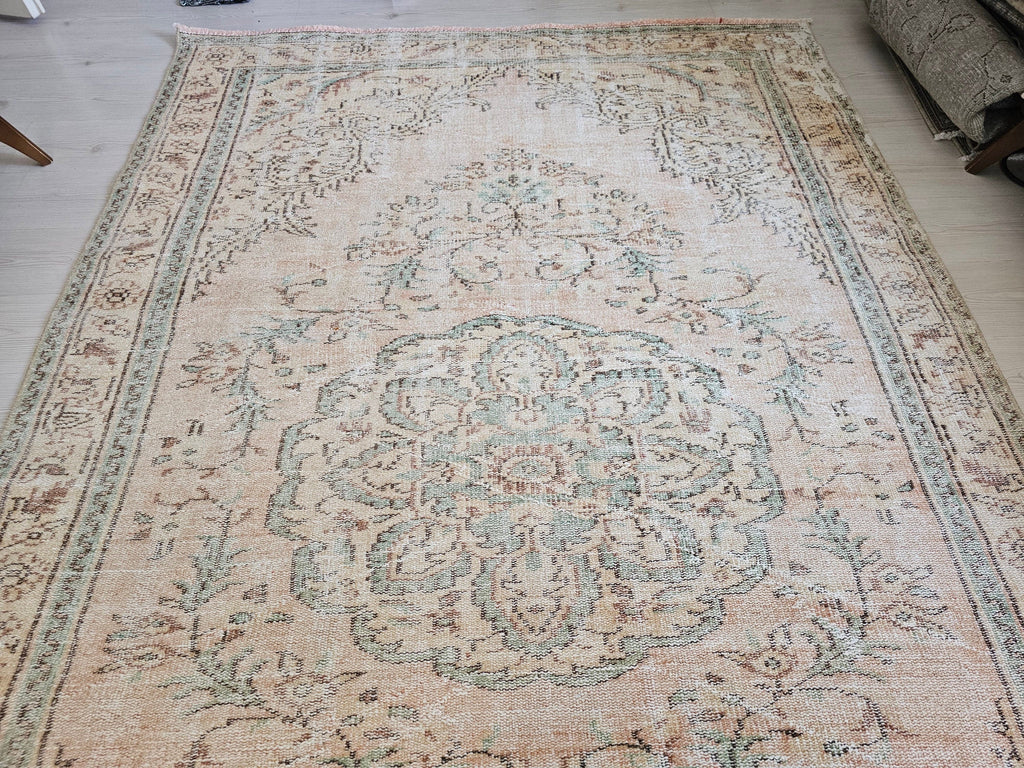 6x9 Vintage Turkish Oushak Area Rug, Rust and Green //5.74x9.20