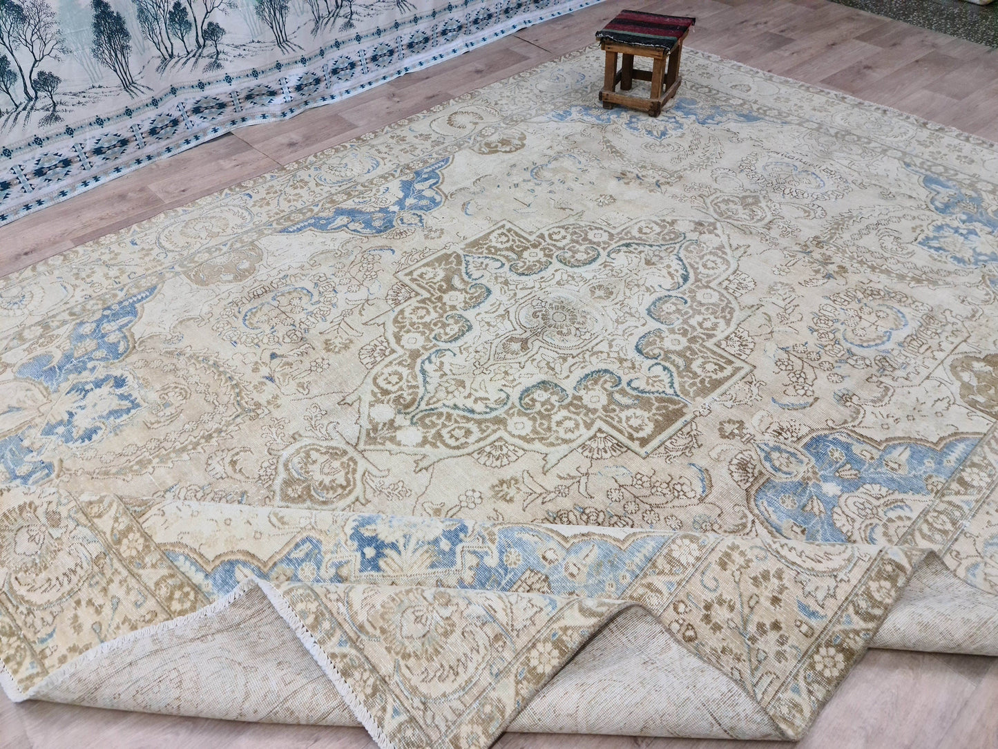 9x12 feet HandKnotted Wool Turkish Area Rug - Beige and Blue Rug