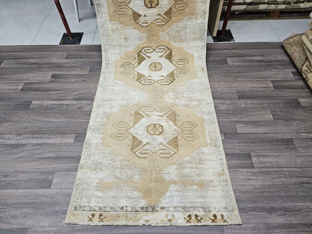 Hand Knotted Wool Oushak Runner: Neutral Turkish Hallway Rug (3x11)