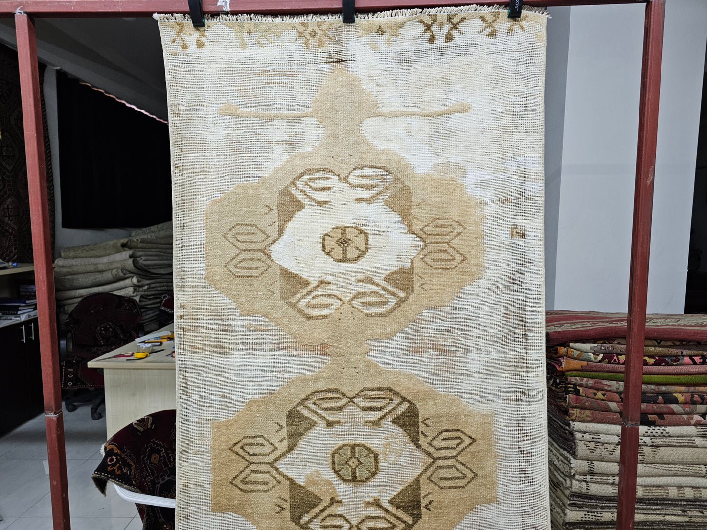 3x11 Hand Knotted Wool Oushak Runner - Neutral Vintage Turkish Runner - Hallway Runner - Pale Oushak Runner Rug - Cream Beige Brown Runner