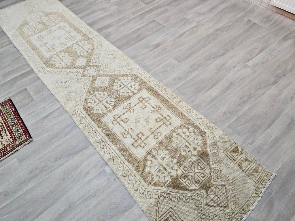 Hand Knotted Turkish Wool Runner Rug: Neutral Anatolian Design (2.50x11.85 feet)