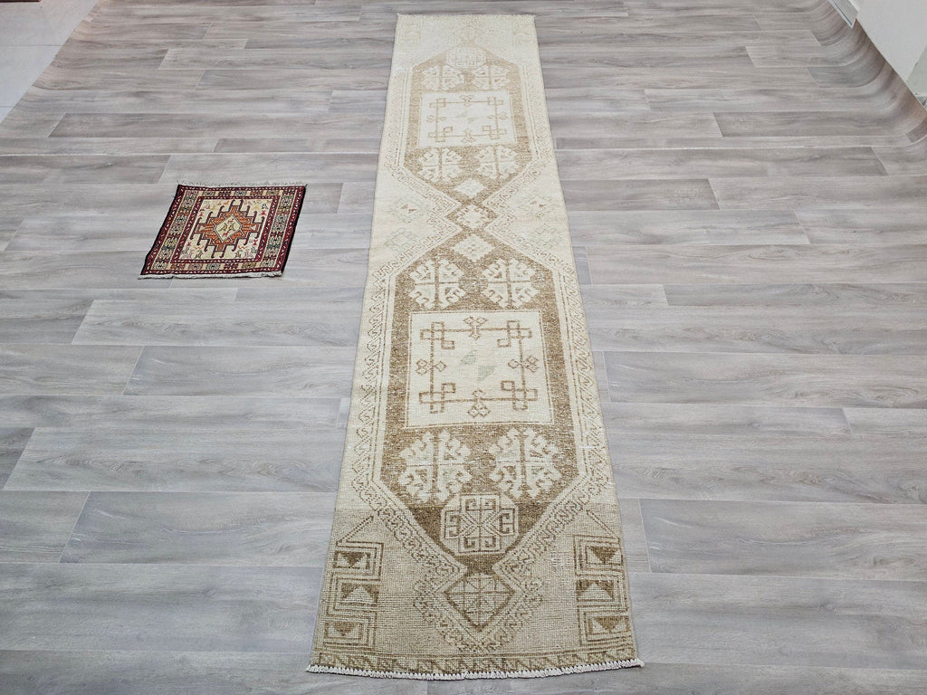 Hand Knotted Turkish Wool Runner Rug: Neutral Anatolian Design (2.50x11.85 feet)