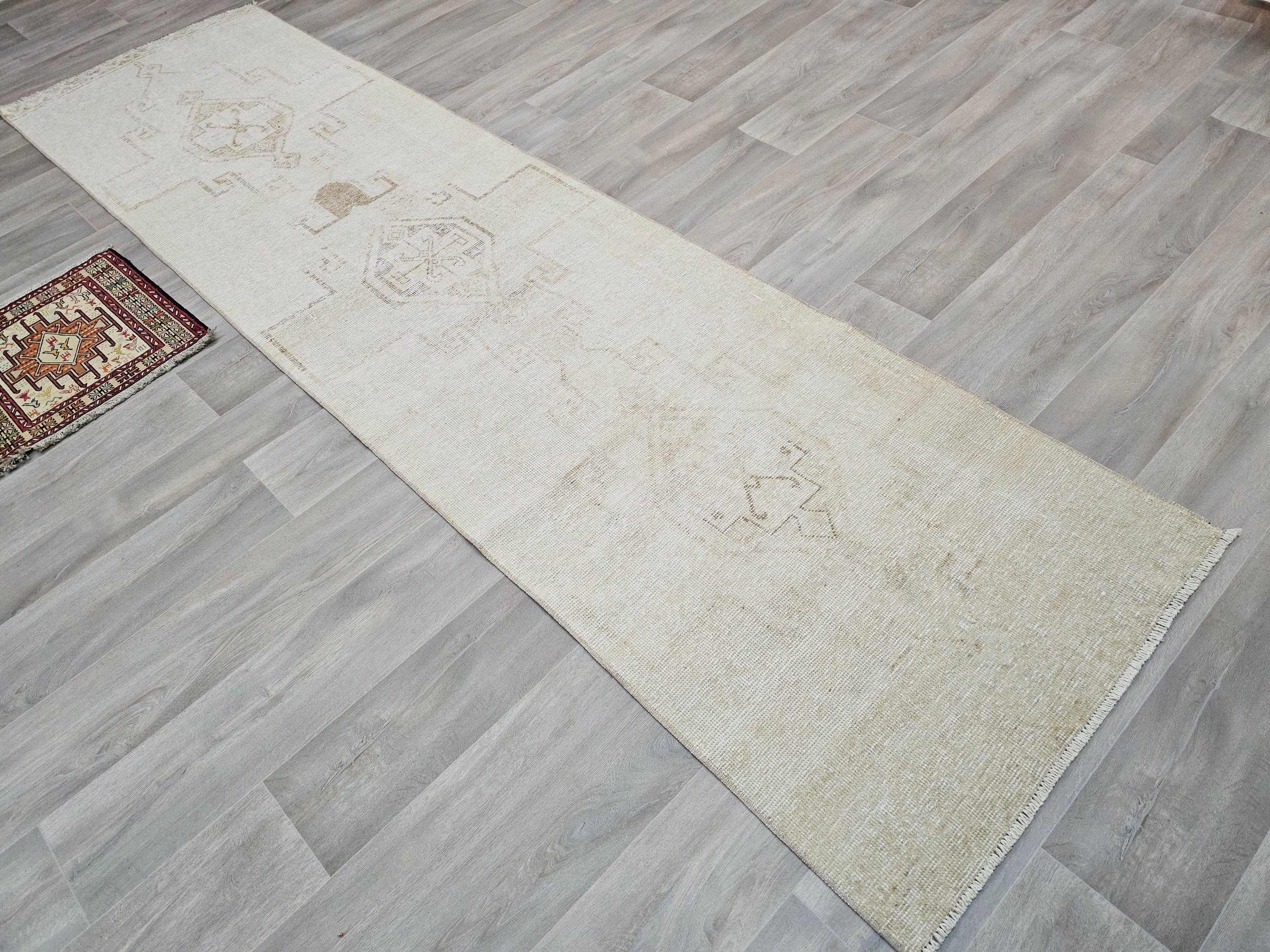 Hand Knotted Wool Oushak Runner Rug: 3x11 Cream Beige Turkish Rug