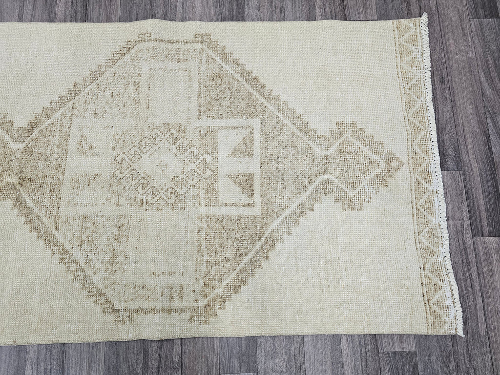 Hand Knotted Wool Oushak Runner: 3x12 ft Neutral Turkish Rug