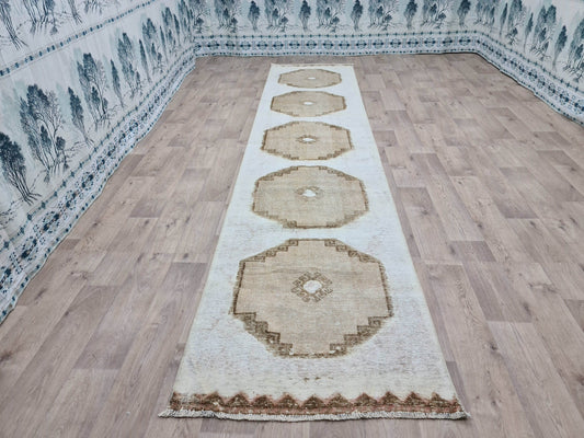 3x14 Vintage Runner Rug - Long Hallway Runner - Neutral Bohemian Turkish Runner for Stair and Corridor - Oushak Wool Runner /3x14.25 feet