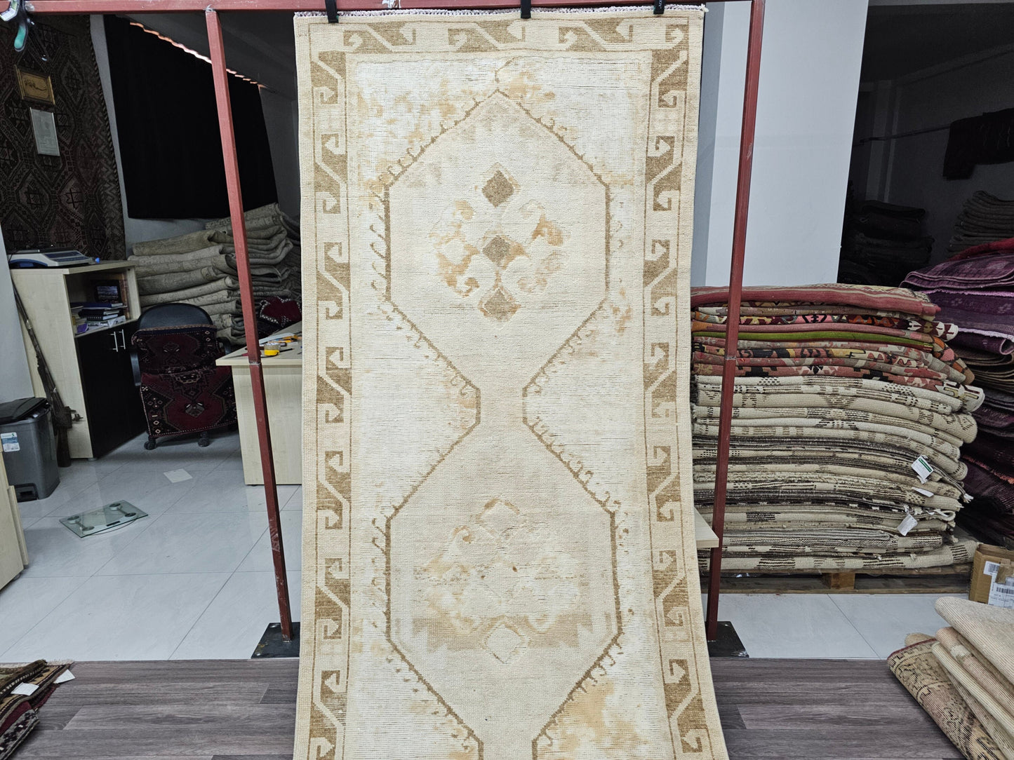 4x14 Wide and Long Neutral Vintage Runner Rug/ One-of-Kind Hand Woven Oushak Runner - Turkish Runner - Cream Beige Brown //3.70x14.10 feet