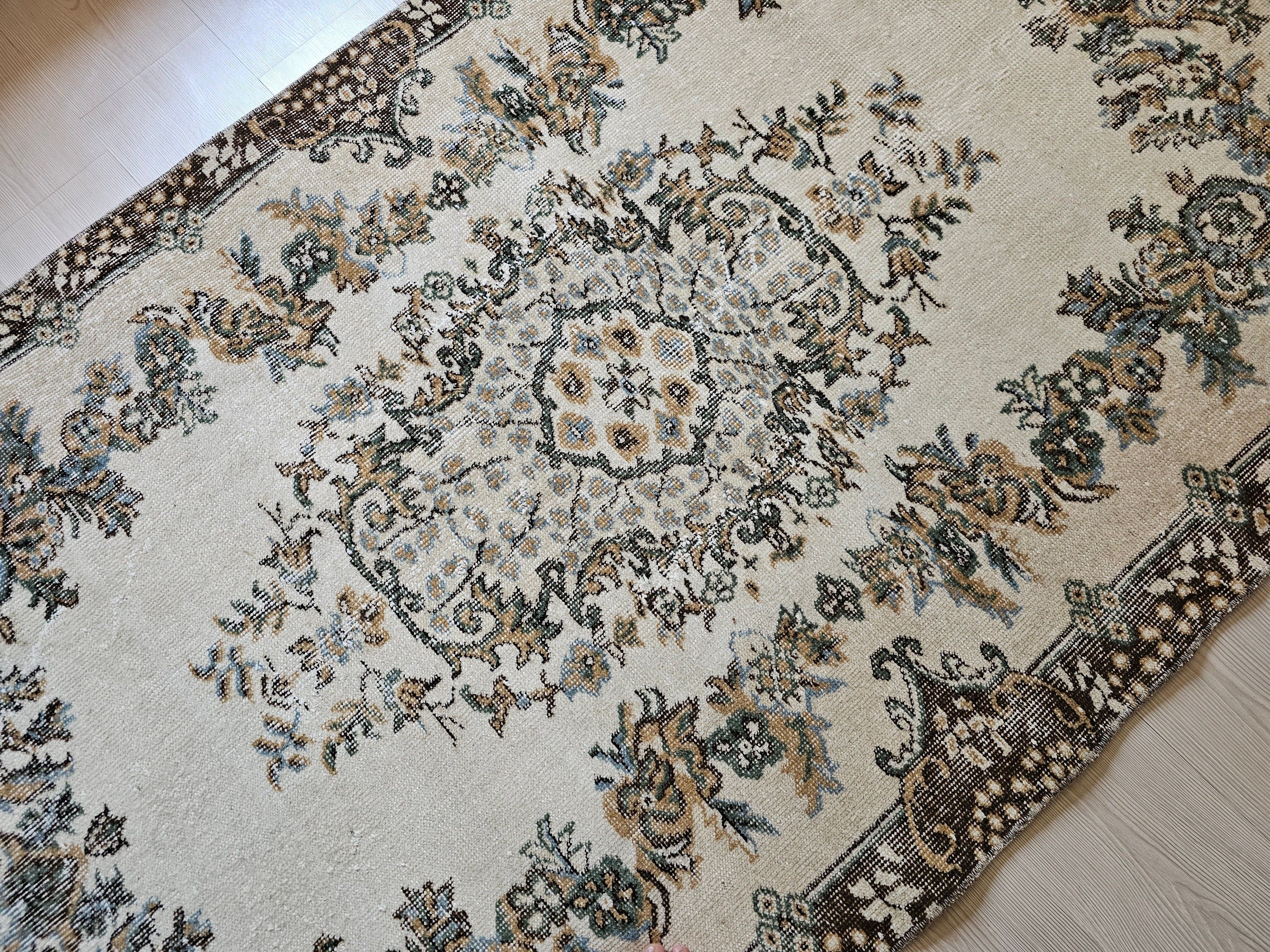 4x7 Vintage Turkish Oushak Rug Cream Brown Neutral Rug