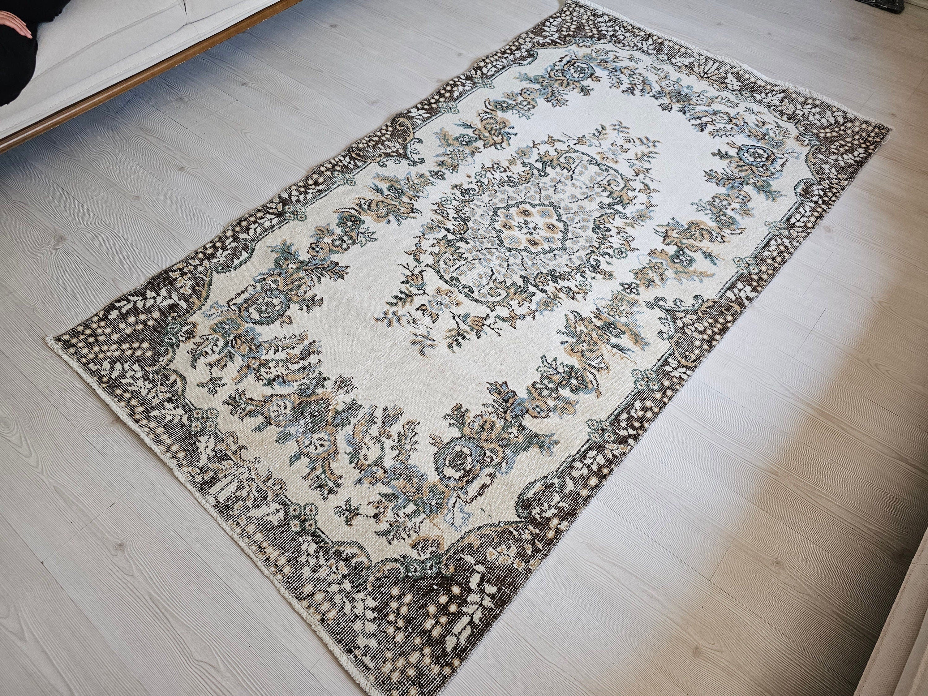 4x7 Vintage Turkish Oushak Rug Cream Brown Neutral Rug