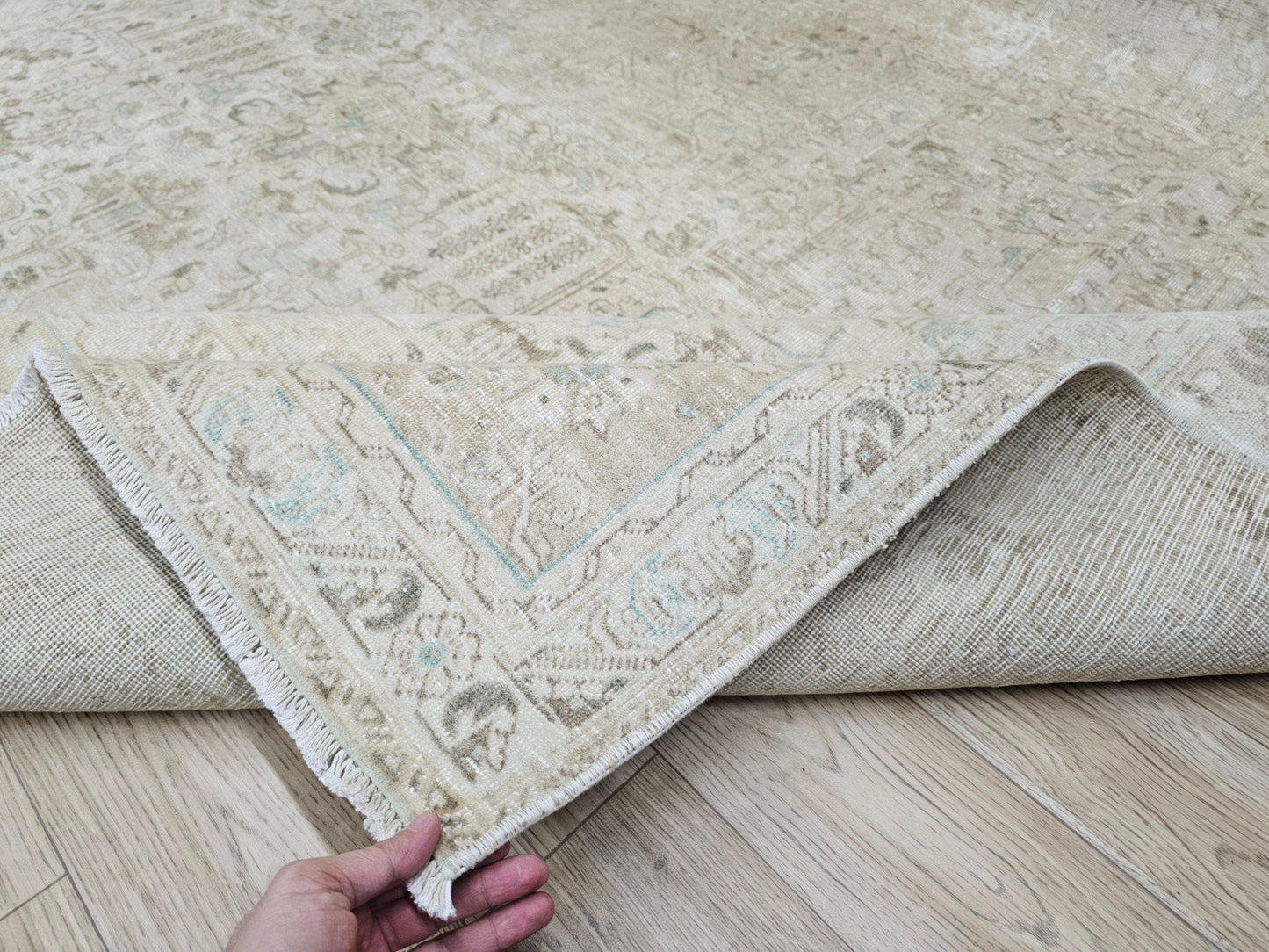 9x12 Hand Knotted Wool Oushak Area Rug/ Neutral Turkish Rug/ Oversize Antique Rug/ Tabriz Rug/ Boho Decor Rug/ Oriental Carpet /Cream Beige