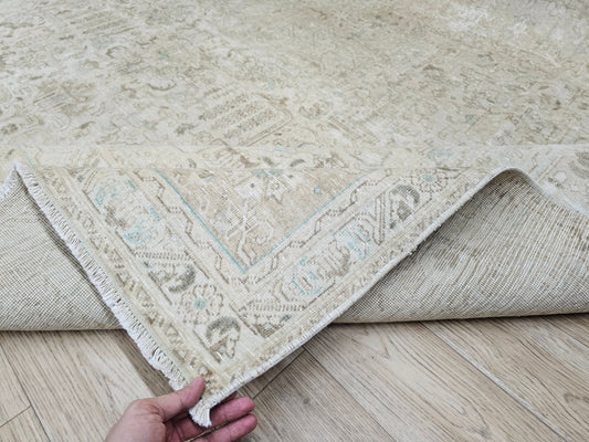 9x12 Hand Knotted Wool Oushak Area Rug/ Neutral Turkish Rug/ Oversize Antique Rug/ Tabriz Rug/ Boho Decor Rug/ Oriental Carpet /Cream Beige