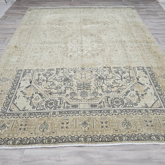 9x12 Neutral Turkish Area Rug, Hand Knotted Wool Oversize Vintage Area Rug, Heriz Rug for Living Room, Geometric Boho Rug 9.35x12.30 Feet