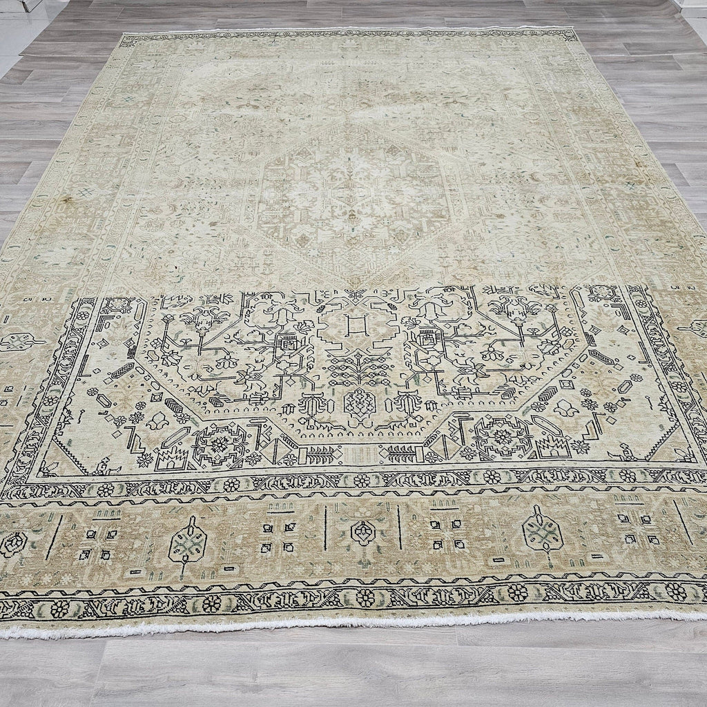 9x12 Neutral Oushak Area Rug:  Handmade Vintage Turkish Geometric Area Carpet