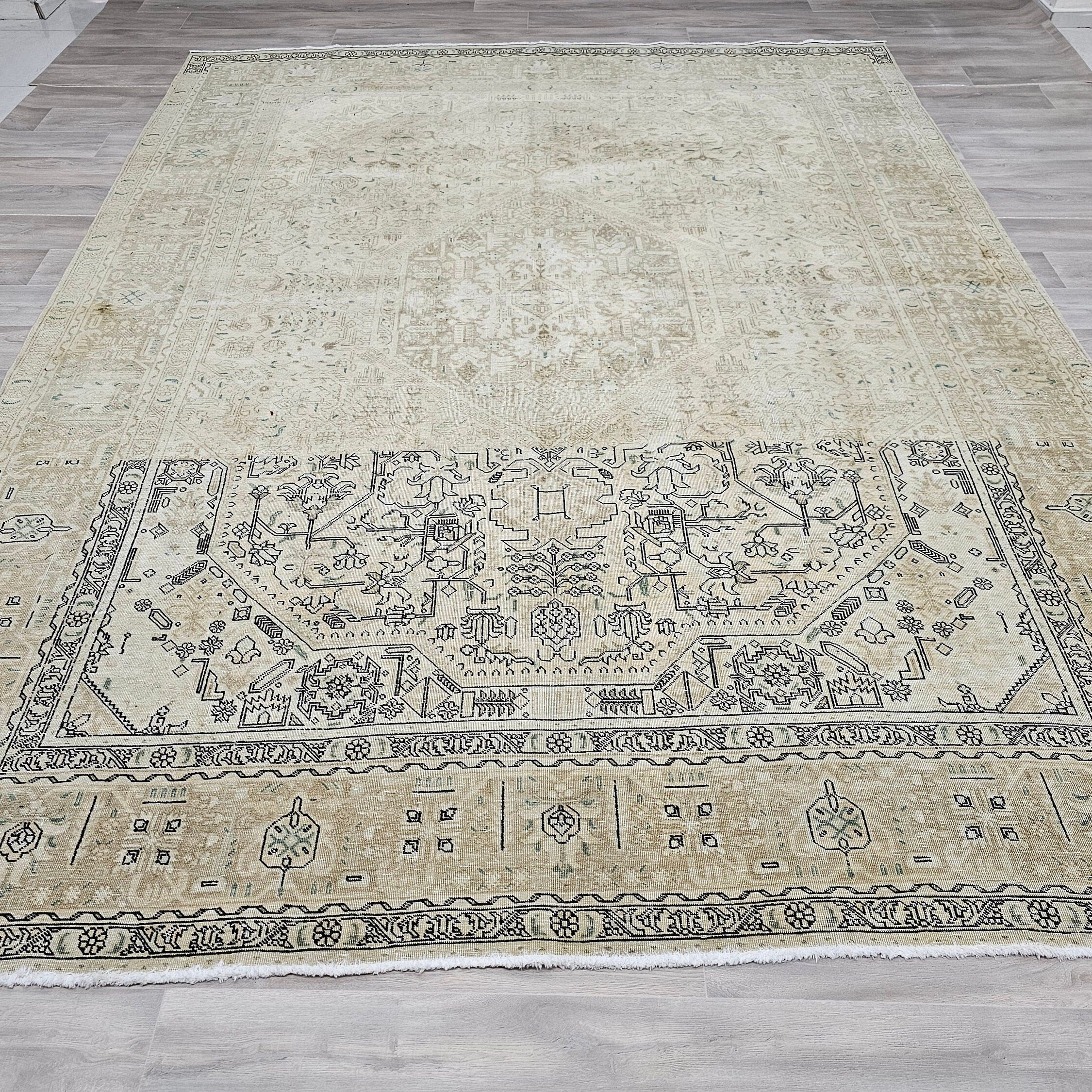 9x12 Neutral Oushak Area Rug:  Handmade Vintage Turkish Geometric Area Carpet